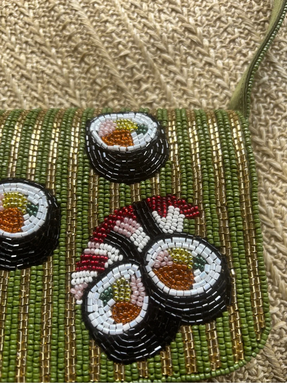Viral Tik Tok Beaded Sushi Motif Green Bag, rare, NWT, made in India - Picture 2 of 5
